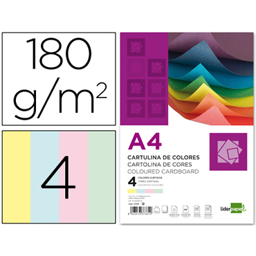 Cartulina a4 180g/m2 4 colores surtidos paquete de 100
